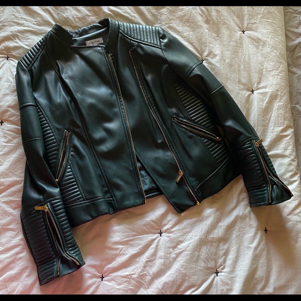 Calvin Klein Faux Green Moto Leather Jacket